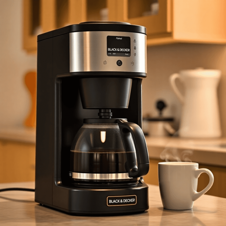 A Black and Decker coffee machine brewing coffee on a kitchen counter with warm lighting and a steaming cup nearby.