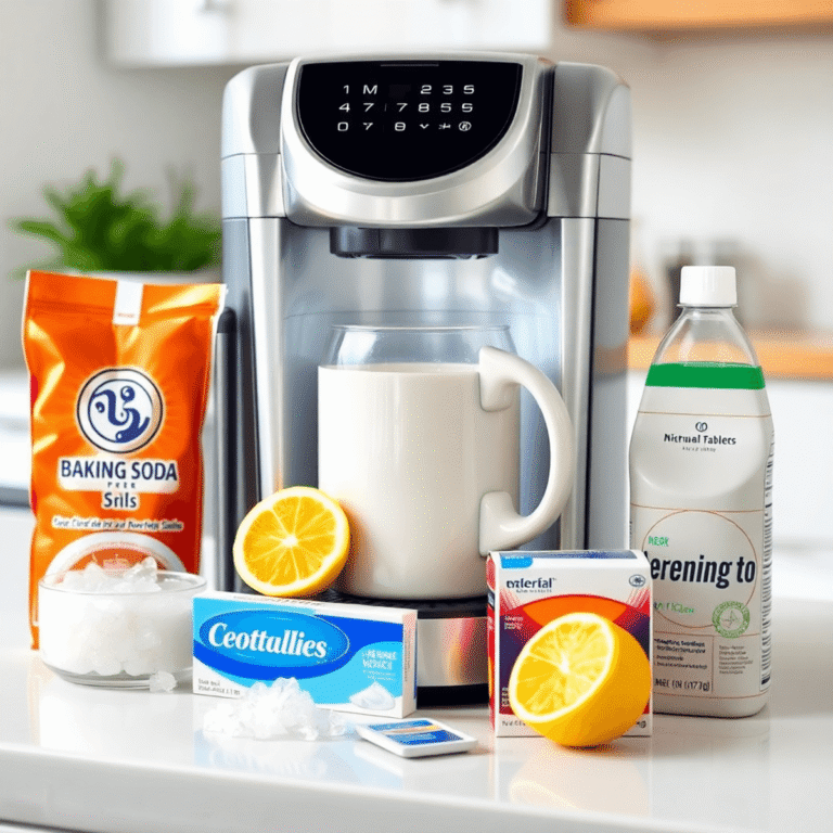 A clean coffee machine on a bright countertop with baking soda, lemon slices, citric acid crystals, and denture tablets nearby, highlighting freshn...