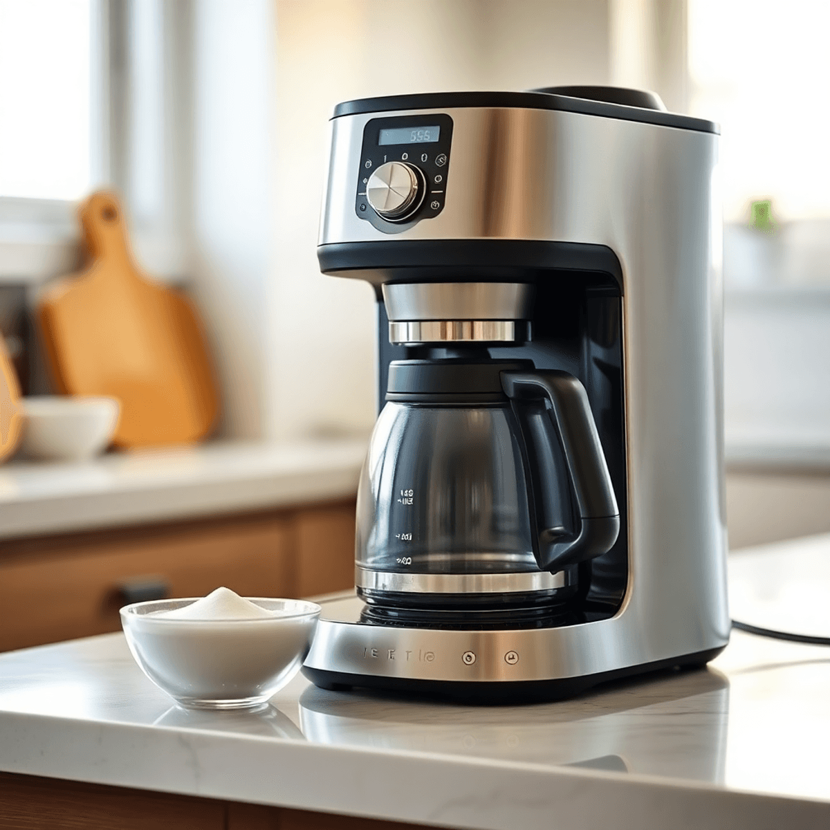 A clean coffee machine on a kitchen countertop with a small bowl of baking soda, bathed in bright natural light.