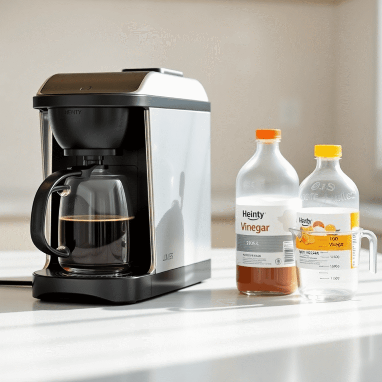 A clean coffee machine with a steaming cup of coffee, white vinegar bottle, and measuring cup on a sunlit kitchen countertop.