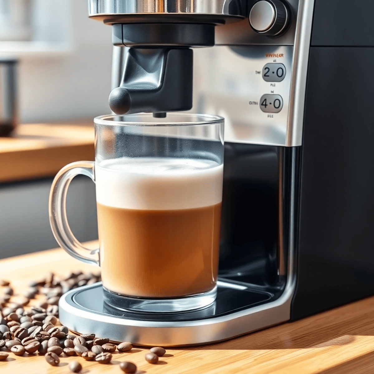 A clean coffee machine with a transparent reservoir filled with white vinegar, surrounded by coffee beans and a steaming cup on a wooden countertop...