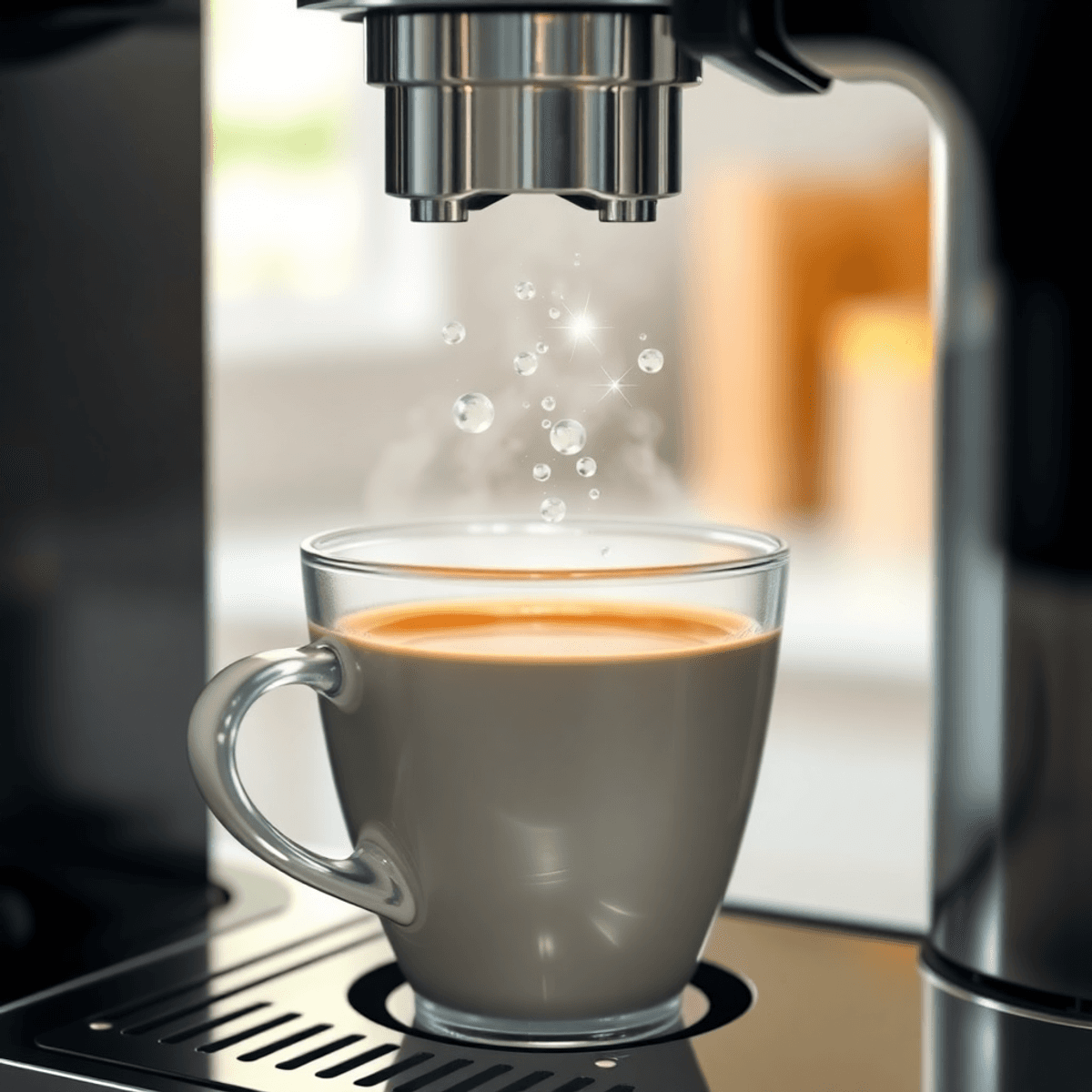 A clean coffee machine with steam rising from a fresh cup, sparkling water droplets nearby, set in a bright kitchen.