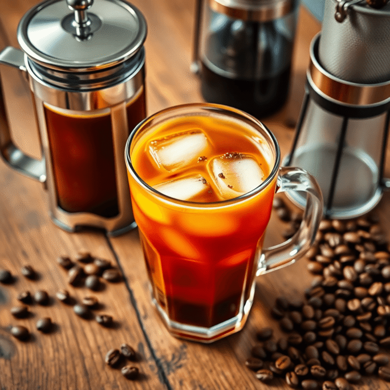A clear glass of iced coffee with ice cubes, surrounded by a French press, Aeropress, and coffee beans on a rustic wooden table.