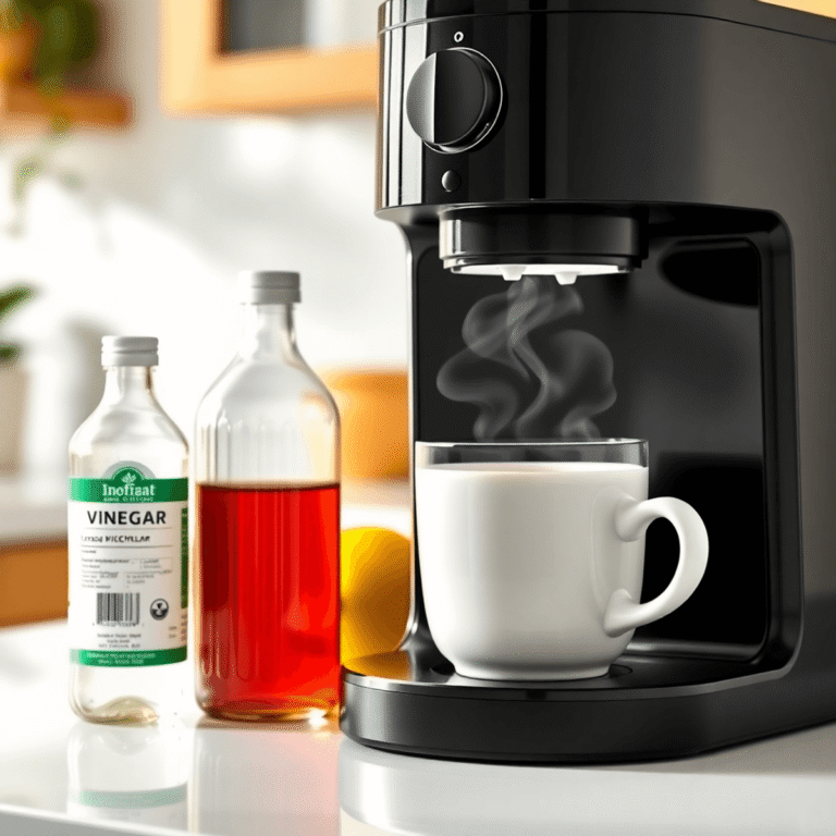 A coffee machine with a steaming cup, vinegar bottle, and lemon on a bright kitchen countertop, highlighting natural eco-friendly cleaning.