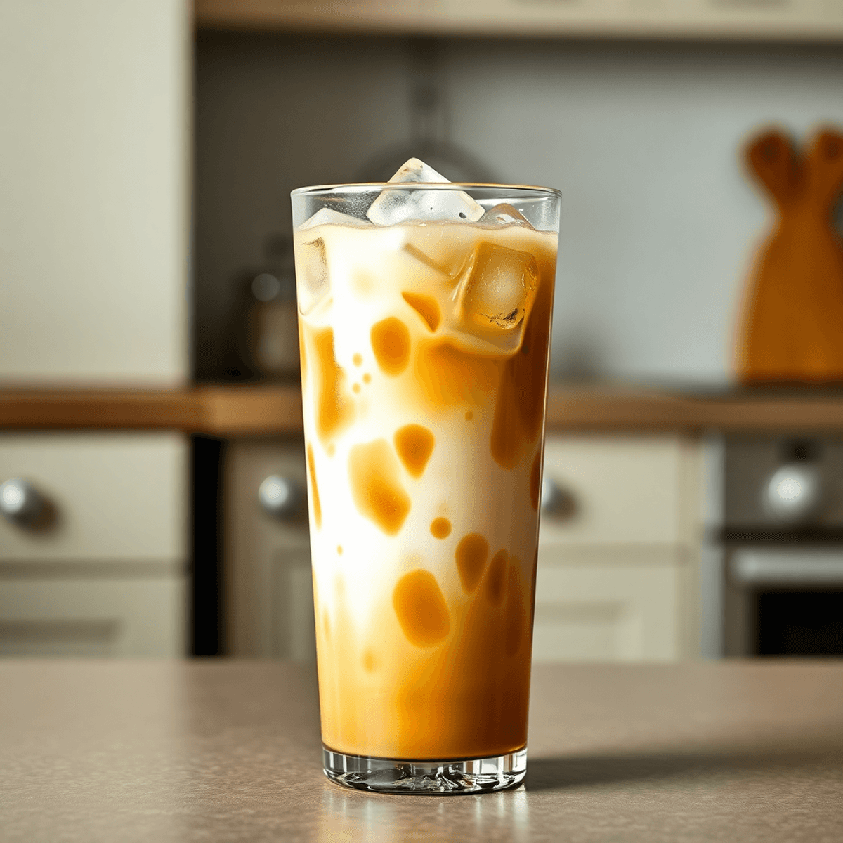 A glass of iced coffee with ice cubes and milk swirling, set against a simple kitchen background.