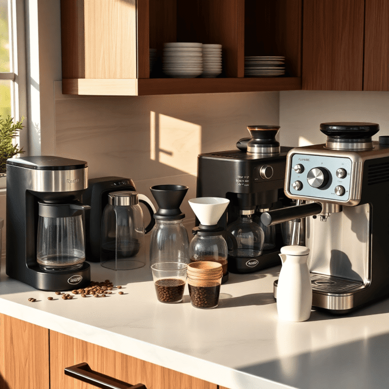 A kitchen countertop with various coffee machines, grinders, kettles, and coffee beans under warm natural light creating a cozy morning coffee scene.