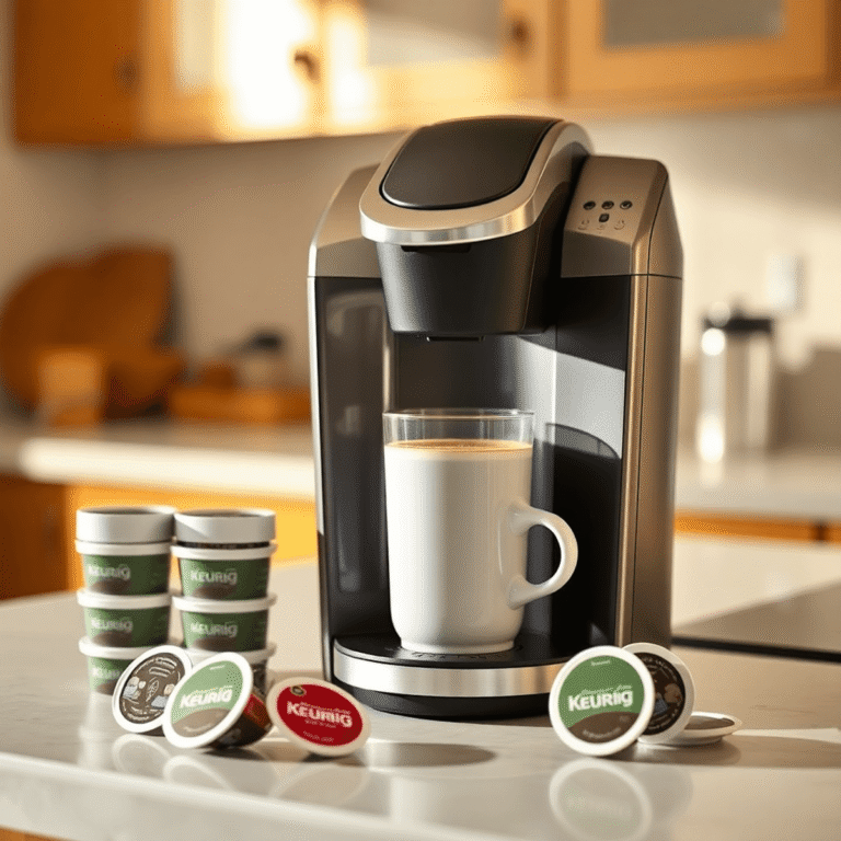 A modern Keurig coffee machine brewing coffee on a clean countertop with K-Cup pods nearby, bathed in warm natural light.