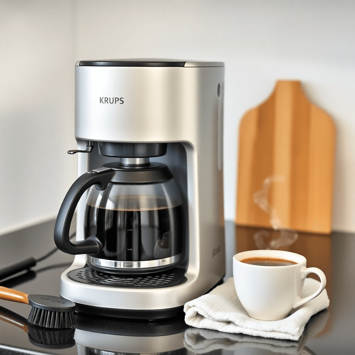 A modern Krups coffee machine on a kitchen countertop with a steaming cup of coffee and cleaning tools like a brush and cloth nearby.
