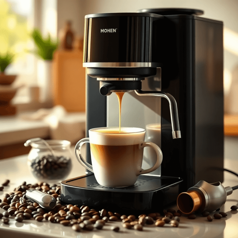 A modern coffee machine brewing coffee on a kitchen counter with coffee beans and a milk frother in warm natural light.