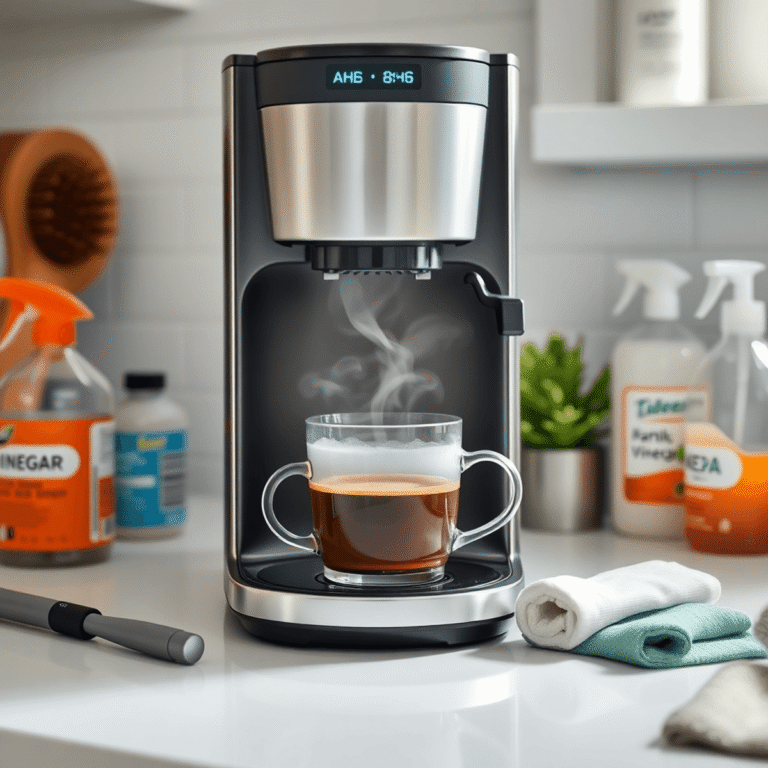 A modern coffee machine brewing coffee with steam rising, on a kitchen countertop surrounded by cleaning brushes and vinegar bottles in a bright se...