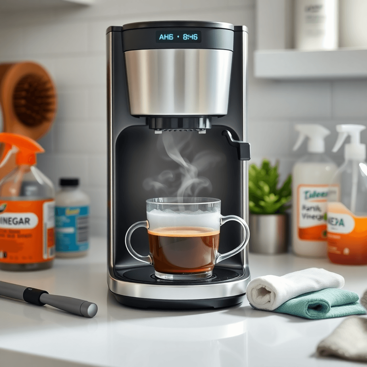 A modern coffee machine brewing coffee with steam rising, on a kitchen countertop surrounded by cleaning brushes and vinegar bottles in a bright se...