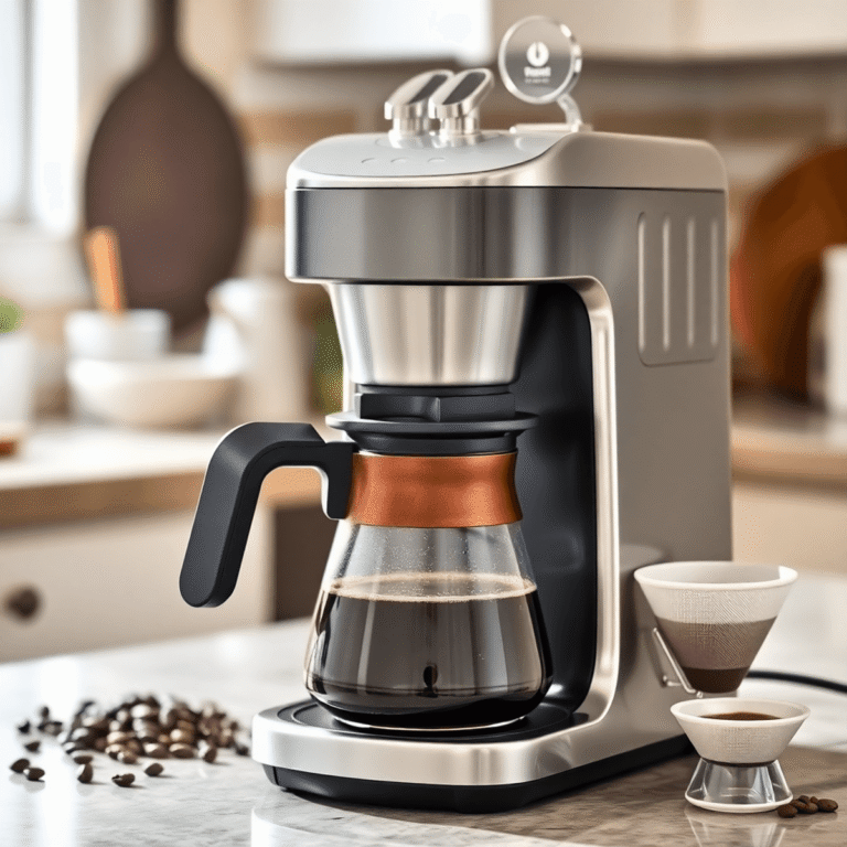 A modern drip coffee machine brewing coffee with steam rising, on a kitchen counter with coffee beans and a filter nearby in a bright, inviting set...