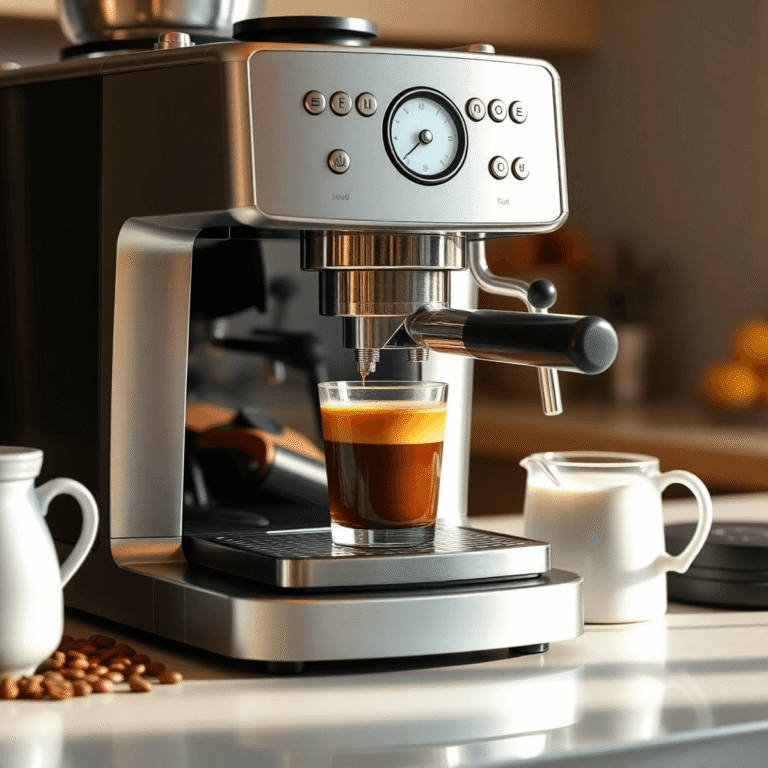 A modern espresso machine brewing espresso with golden crema on a kitchen counter, surrounded by coffee beans and a milk frothing pitcher in warm n...