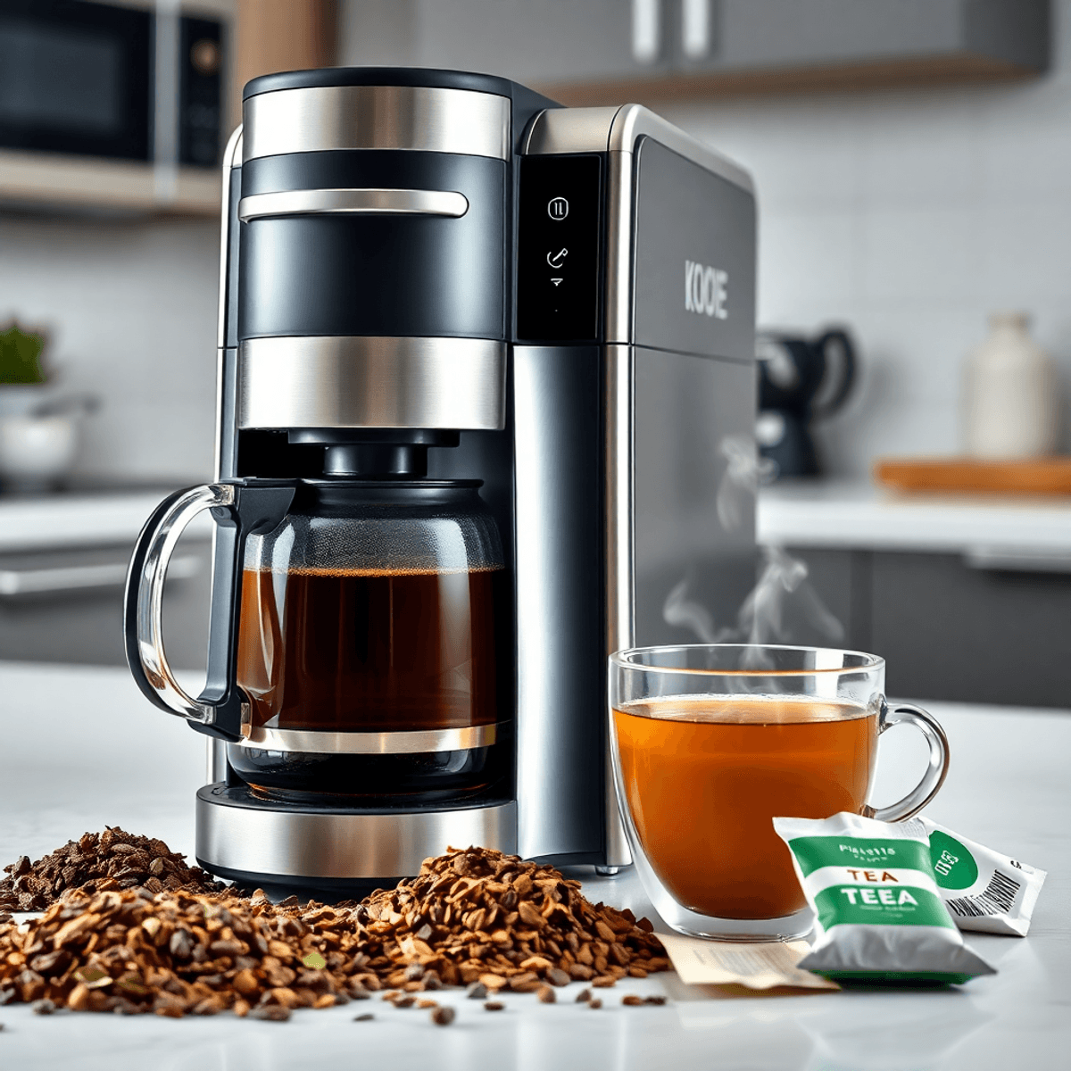 A modern kitchen with a sleek coffee machine brewing tea, a steaming cup beside it, surrounded by loose tea leaves and tea bags.