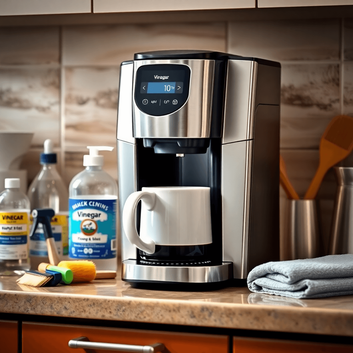 A shiny Mr. Coffee machine brewing fresh coffee on a kitchen counter with cleaning supplies like vinegar, brushes, and cloths nearby, symbolizing m...