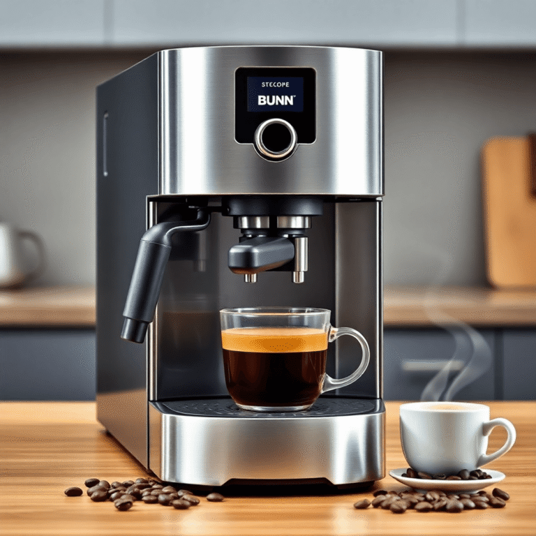 A sleek Bunn coffee machine brewing coffee in a modern kitchen with coffee beans and a steaming cup nearby.
