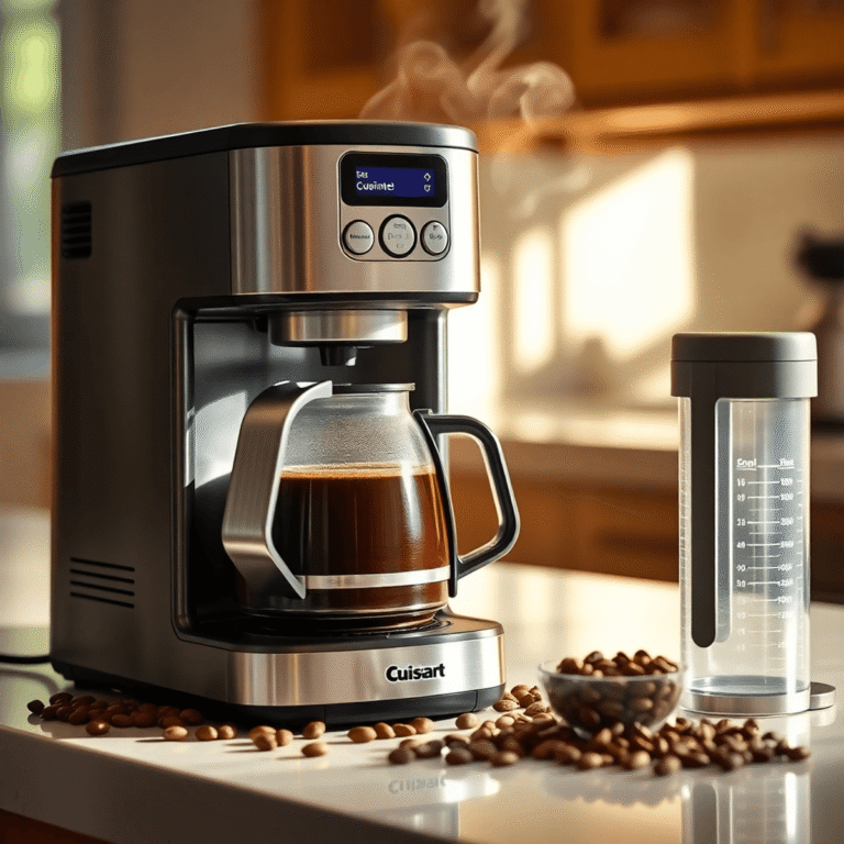 A sleek Cuisinart coffee machine brewing coffee on a kitchen countertop with steam rising, surrounded by coffee beans and a water filter in warm na...