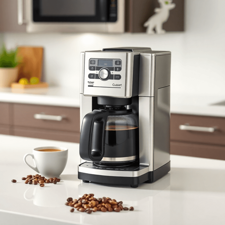 A sleek Cuisinart coffee machine on a clean kitchen counter with coffee beans and a steaming cup of coffee nearby.