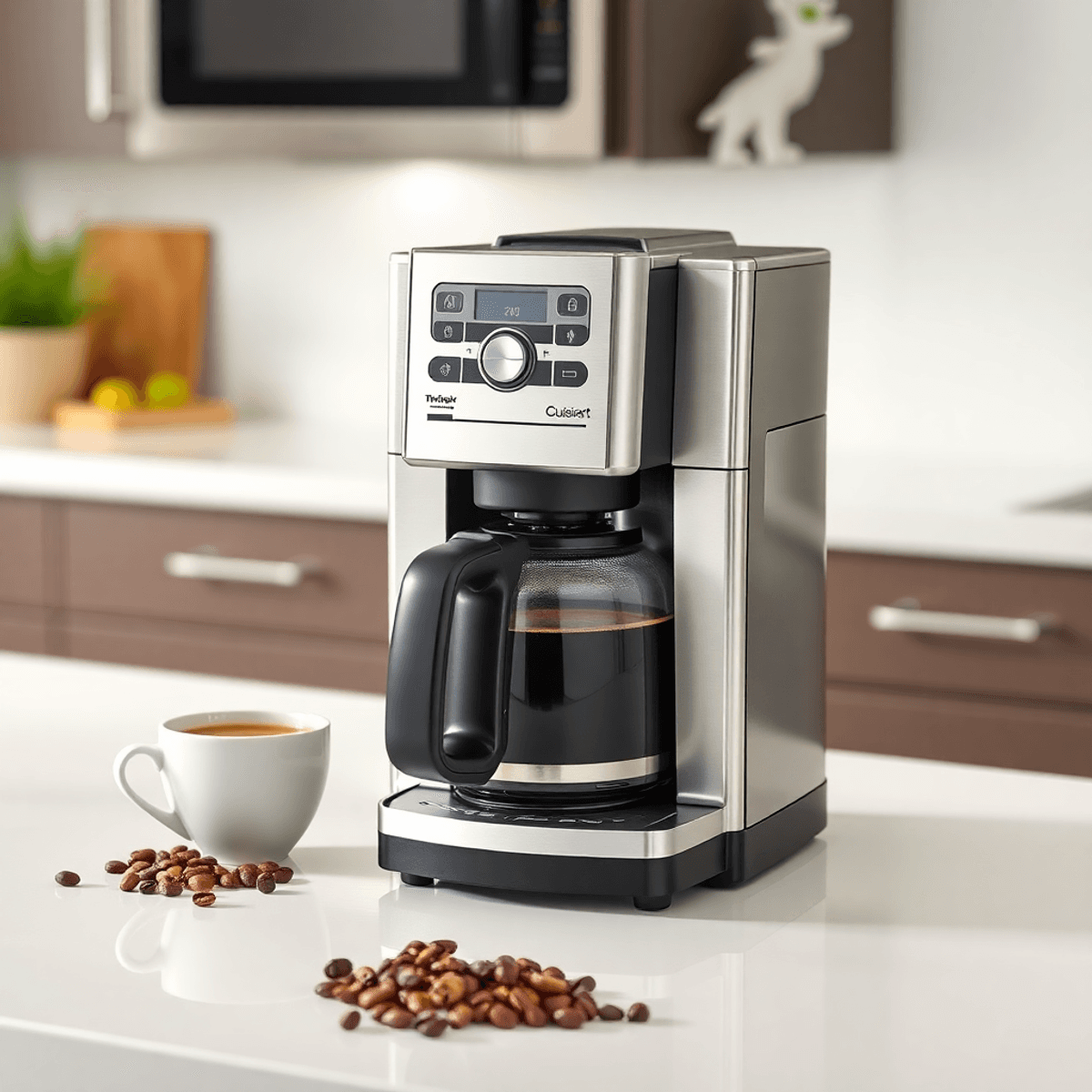 A sleek Cuisinart coffee machine on a clean kitchen counter with coffee beans and a steaming cup of coffee nearby.