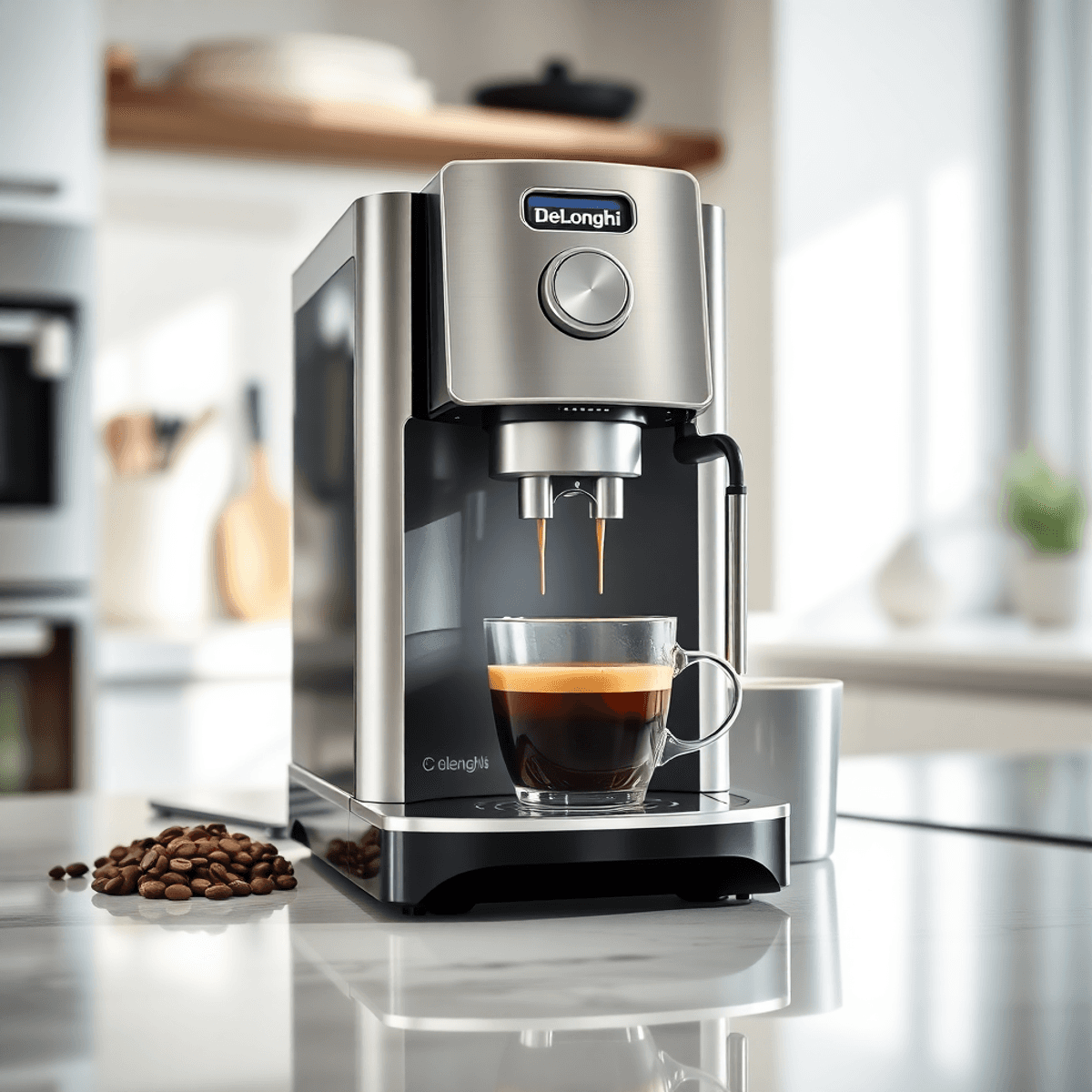 A sleek DeLonghi coffee machine brewing coffee on a modern counter with beans and a steaming cup nearby in a bright kitchen.