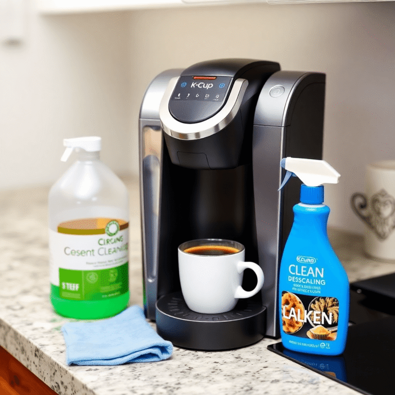 A sleek K-Cup coffee machine on a kitchen countertop with a fresh cup of coffee, cloth, and descaling solution nearby, highlighting cleanliness and...