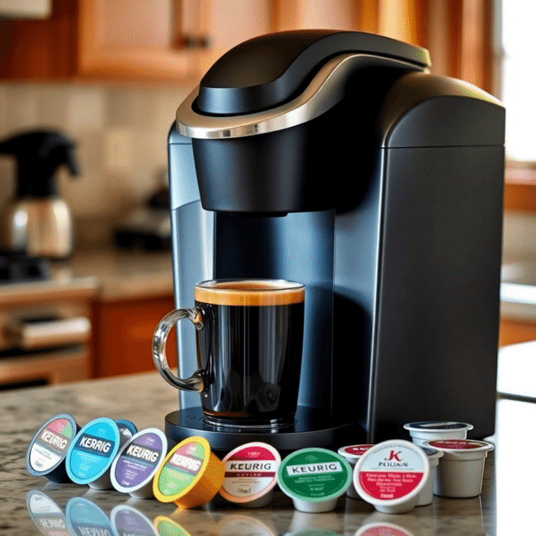 A sleek Keurig coffee machine brewing coffee with colorful K-Cup pods on a kitchen countertop in warm natural light.