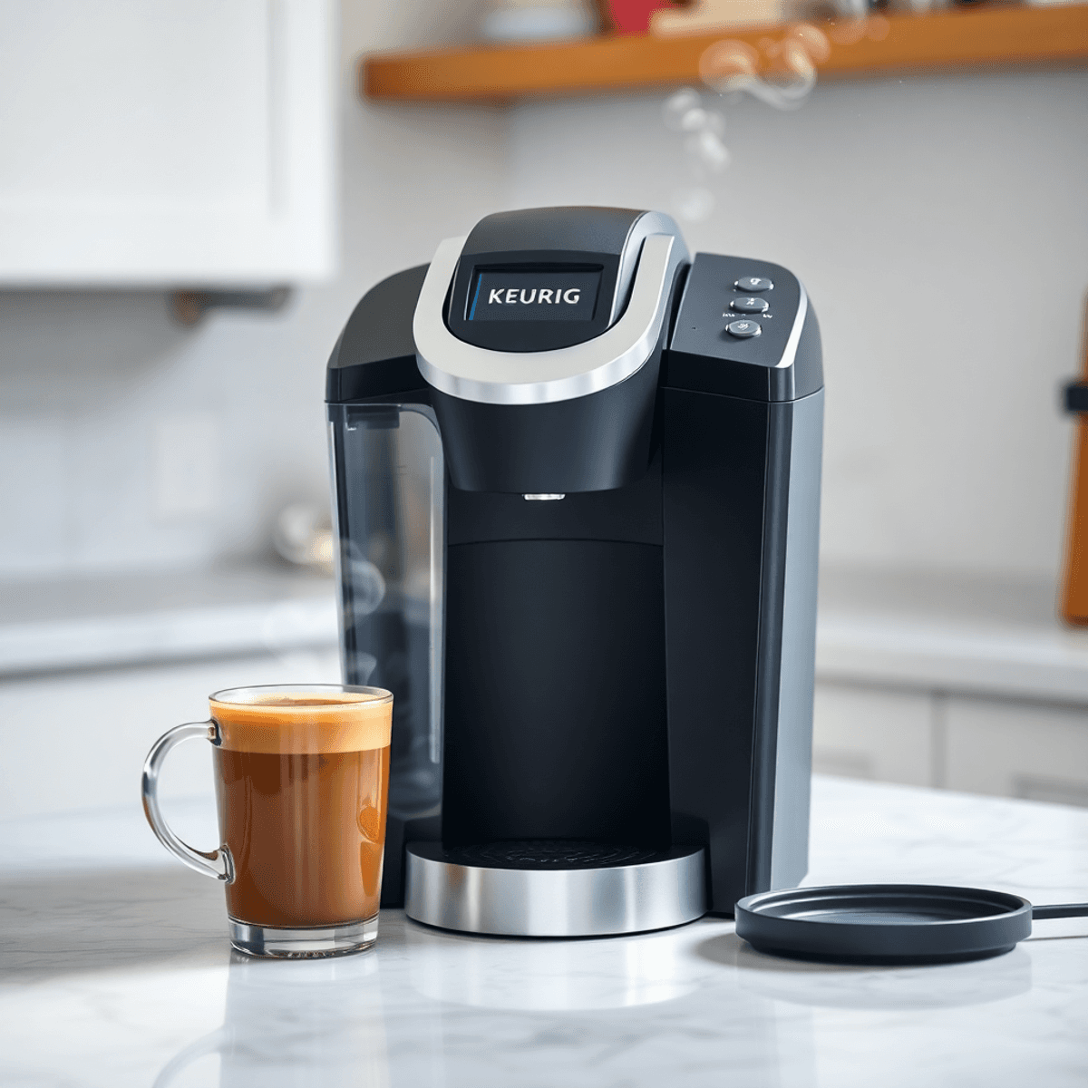 A sleek Keurig coffee machine on a countertop with a steaming cup of coffee, surrounded by gentle steam and subtle mineral deposits in the background.