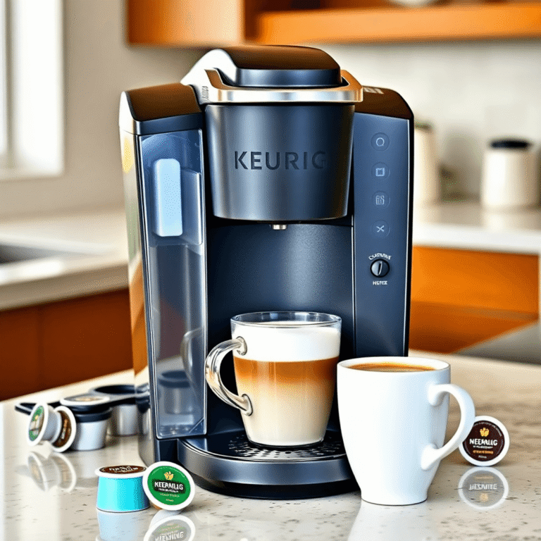 A sleek Keurig coffee machine on a modern kitchen counter with coffee pods, a steaming cup, and bright, inviting lighting.