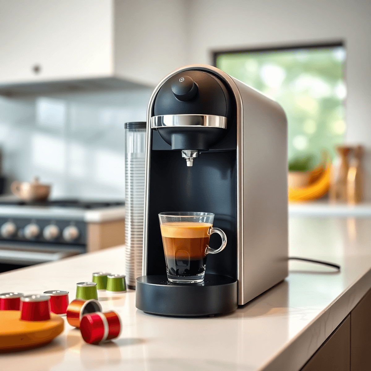 A sleek Nespresso machine on a modern kitchen countertop with coffee capsules, a steaming espresso cup, and fresh water being poured into the tank.
