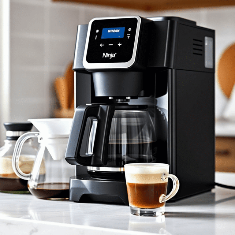 A sleek Ninja coffee machine on a kitchen counter with a glass carafe, filter basket, and steaming cup of freshly brewed coffee.