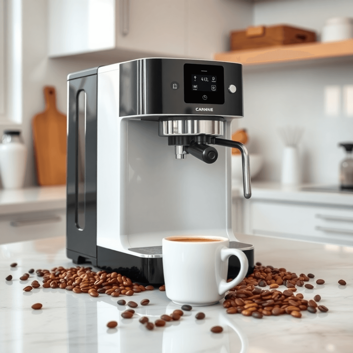 A sleek coffee machine on a spotless kitchen counter with fresh coffee beans and a steaming cup, emphasizing cleanliness and freshness.