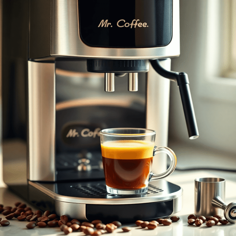 A sleek espresso machine on a kitchen counter with a clear glass of espresso, coffee beans, and a milk frother in warm natural light.