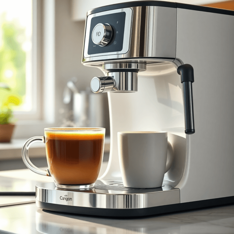 A sleek modern coffee machine with a steaming cup of coffee on a kitchen counter bathed in soft natural light.