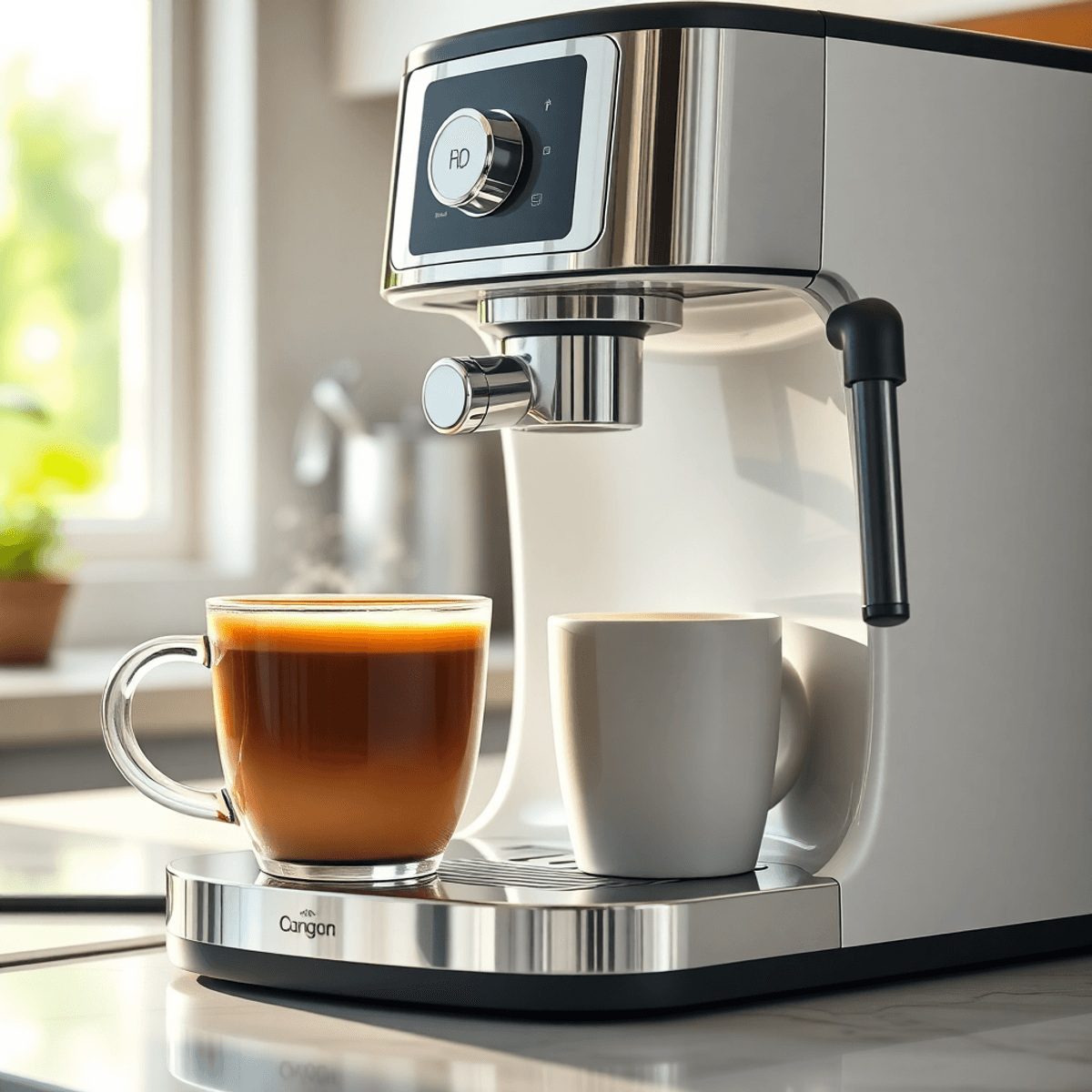A sleek modern coffee machine with a steaming cup of coffee on a kitchen counter bathed in soft natural light.