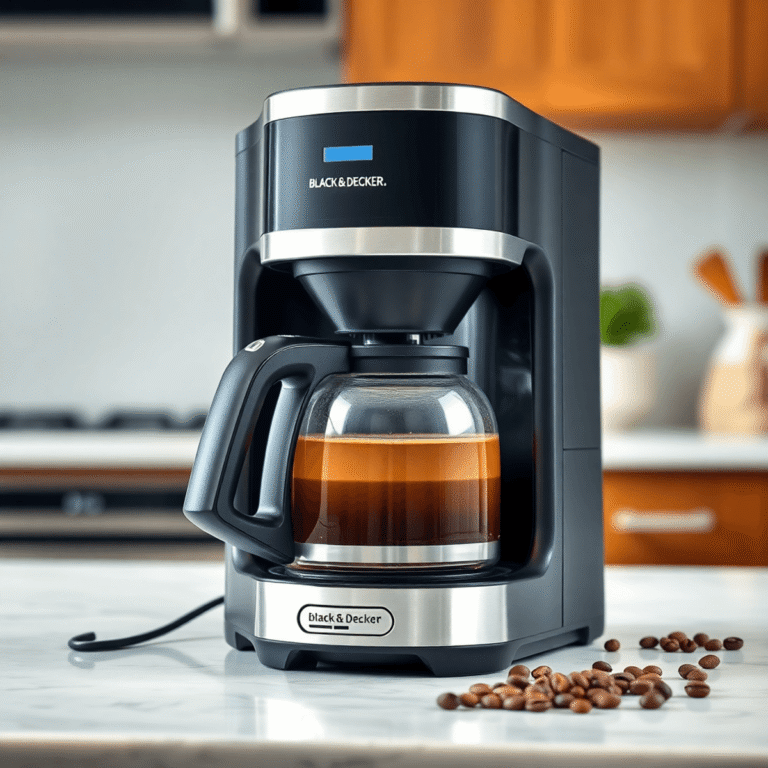 Black and Decker coffee machine brewing fresh coffee on kitchen countertop with coffee beans nearby and bright, inviting background.