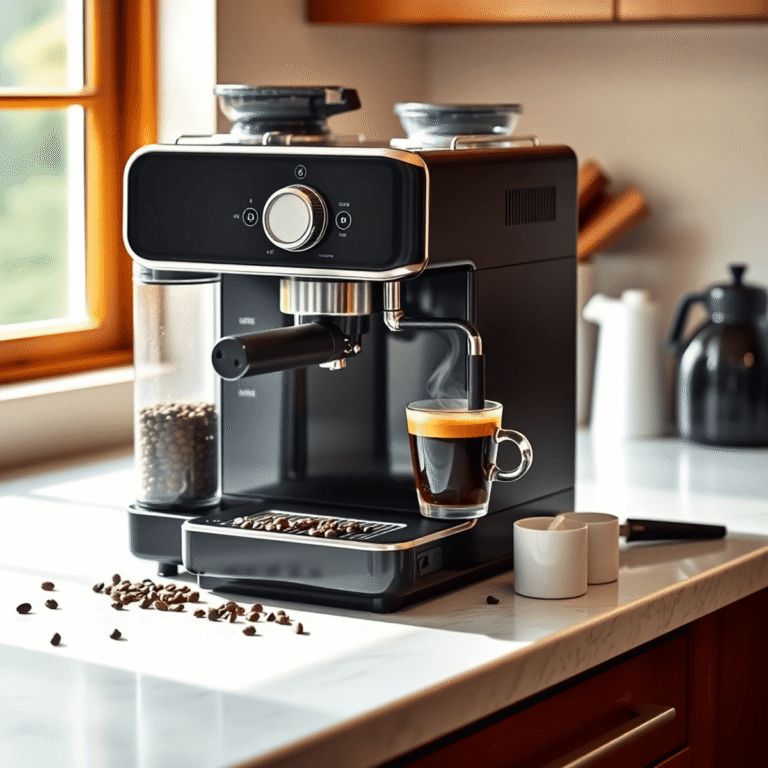 Breville Barista Express espresso machine on countertop with ground coffee, steaming espresso cup, and cleaning tools in warm natural light.