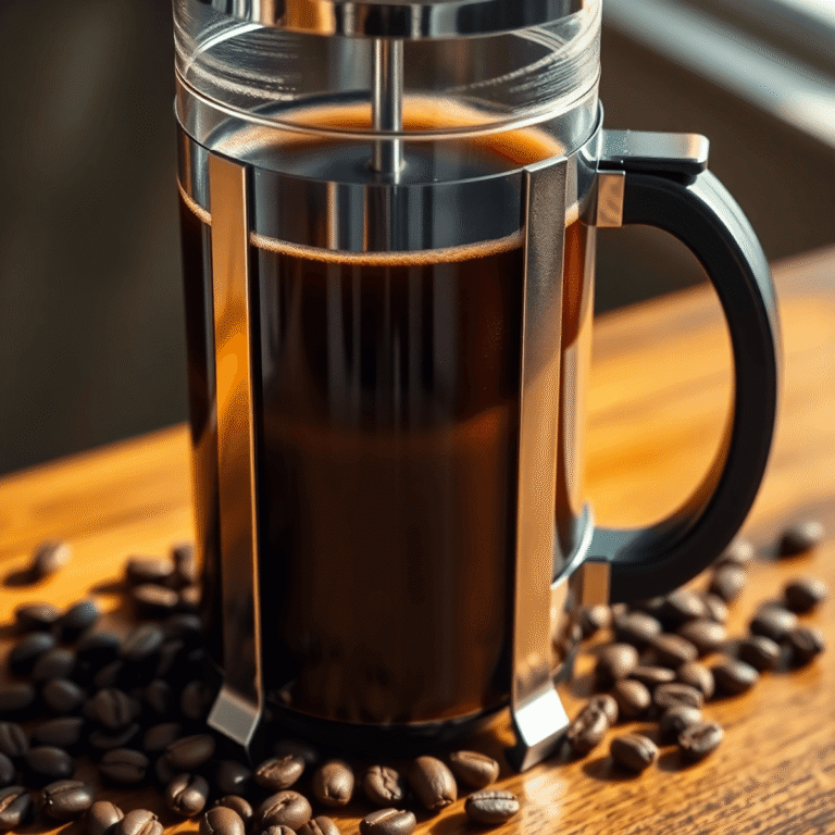 Close-up of a French press with fresh coffee on a wooden table, surrounded by scattered coffee beans and warm natural light highlighting the rich c...