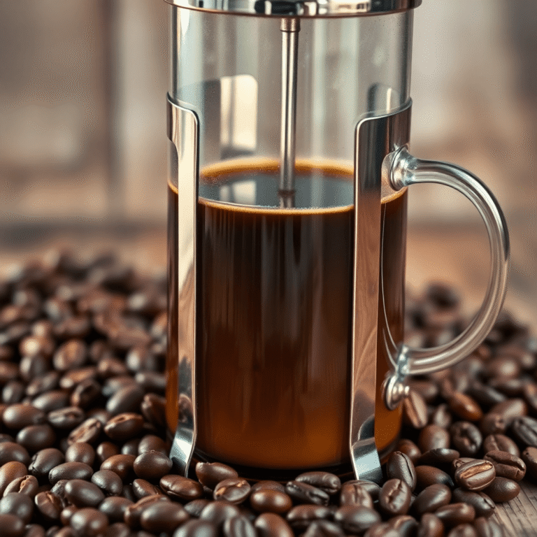 Close-up of a classic French press with freshly brewed coffee, surrounded by coffee beans on a rustic wooden table with warm natural lighting.