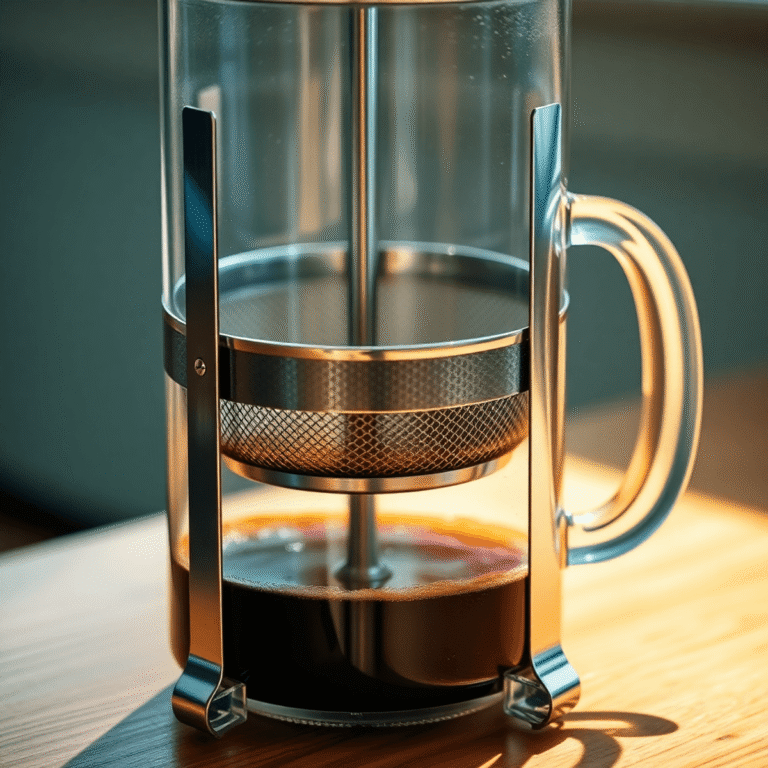 Close-up of a classic French press with freshly brewed coffee, glass beaker, metal plunger, and dark coffee grounds on a wooden table in warm natur...