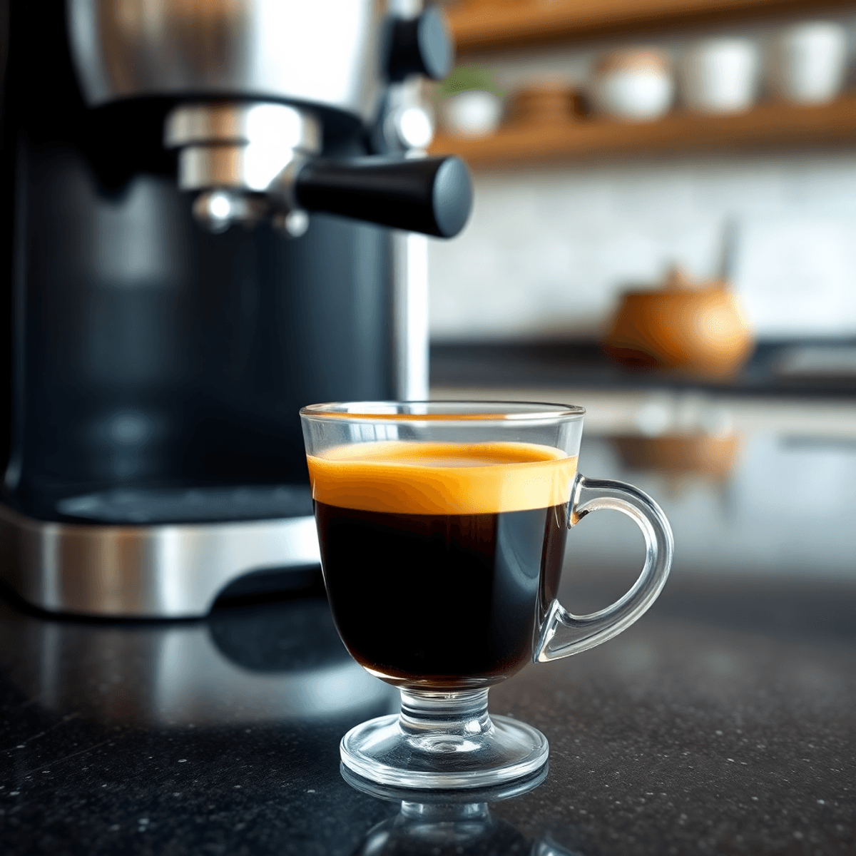 Close-up of a clear glass cup with espresso and golden crema, set on a kitchen countertop with a modern coffee machine in the background.