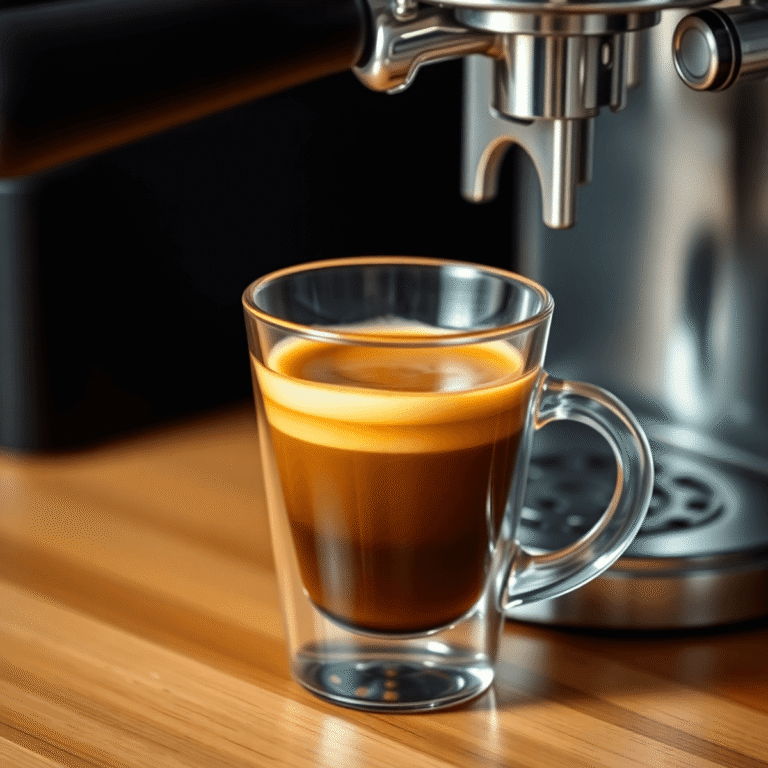Close-up of a freshly brewed espresso shot in a clear glass cup with golden crema, an espresso machine portafilter, and coffee grinder in the backg...