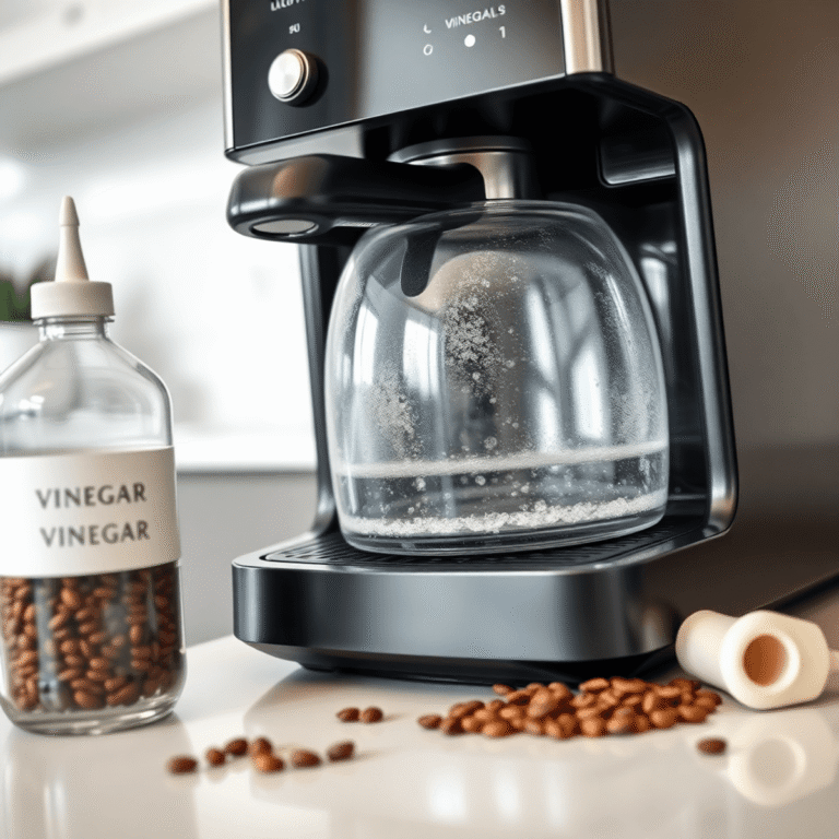 Close-up of a modern coffee machine with mineral buildup, a bottle of white vinegar, and fresh coffee beans on a bright kitchen countertop.