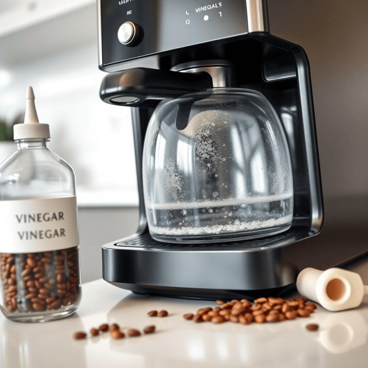 Close-up of a modern coffee machine with mineral buildup, a bottle of white vinegar, and fresh coffee beans on a bright kitchen countertop.