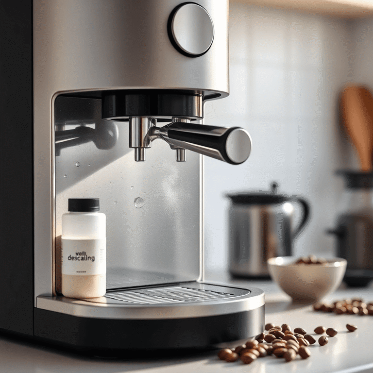 Close-up of a modern coffee machine with steam, water droplets, descaling solution, and coffee beans on a clean kitchen countertop.