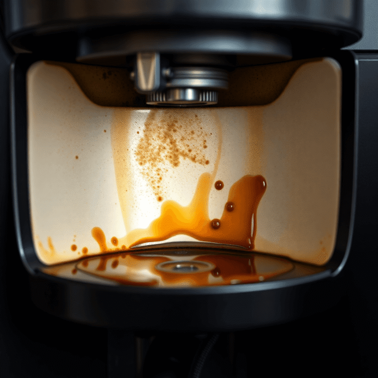 Close-up of a modern coffee machine's internal parts showing mineral deposits and coffee oil residue buildup.