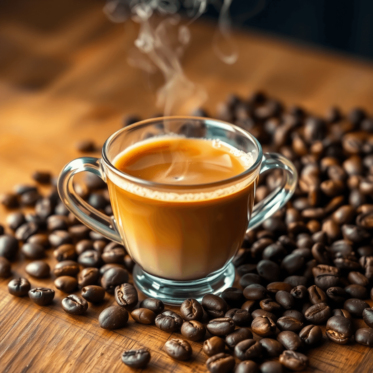 Close-up of a steaming espresso in a clear glass cup with scattered coffee beans on a wooden surface, warm lighting highlighting the crema and text...