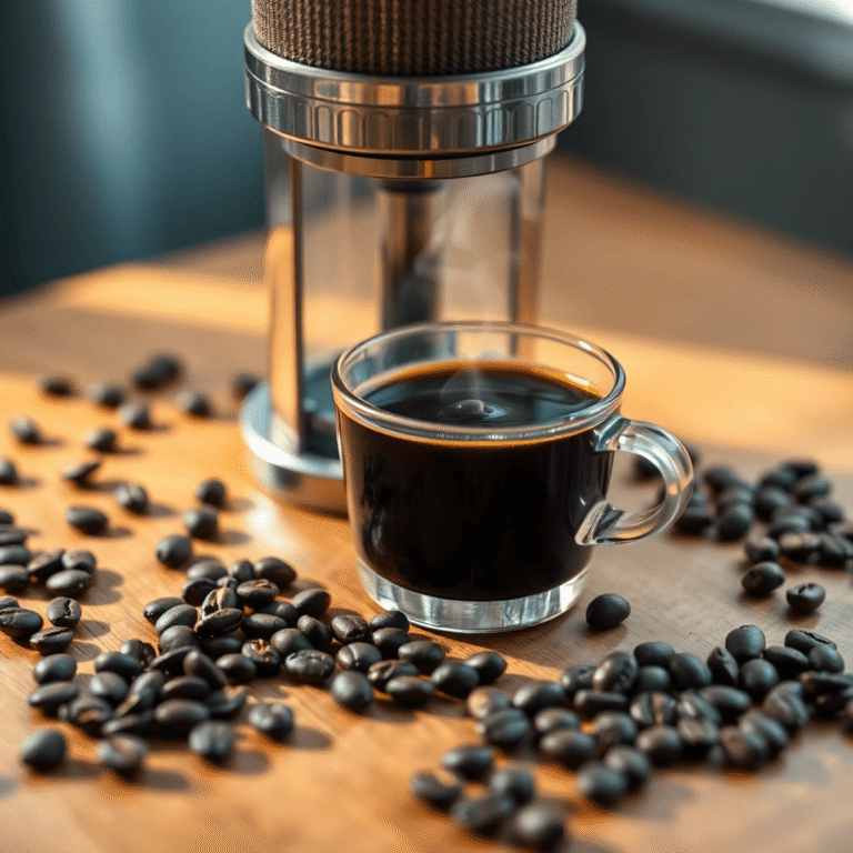 Close-up of an AeroPress coffee maker on a wooden table with dark roast coffee grounds and steam rising from a small cup of espresso.