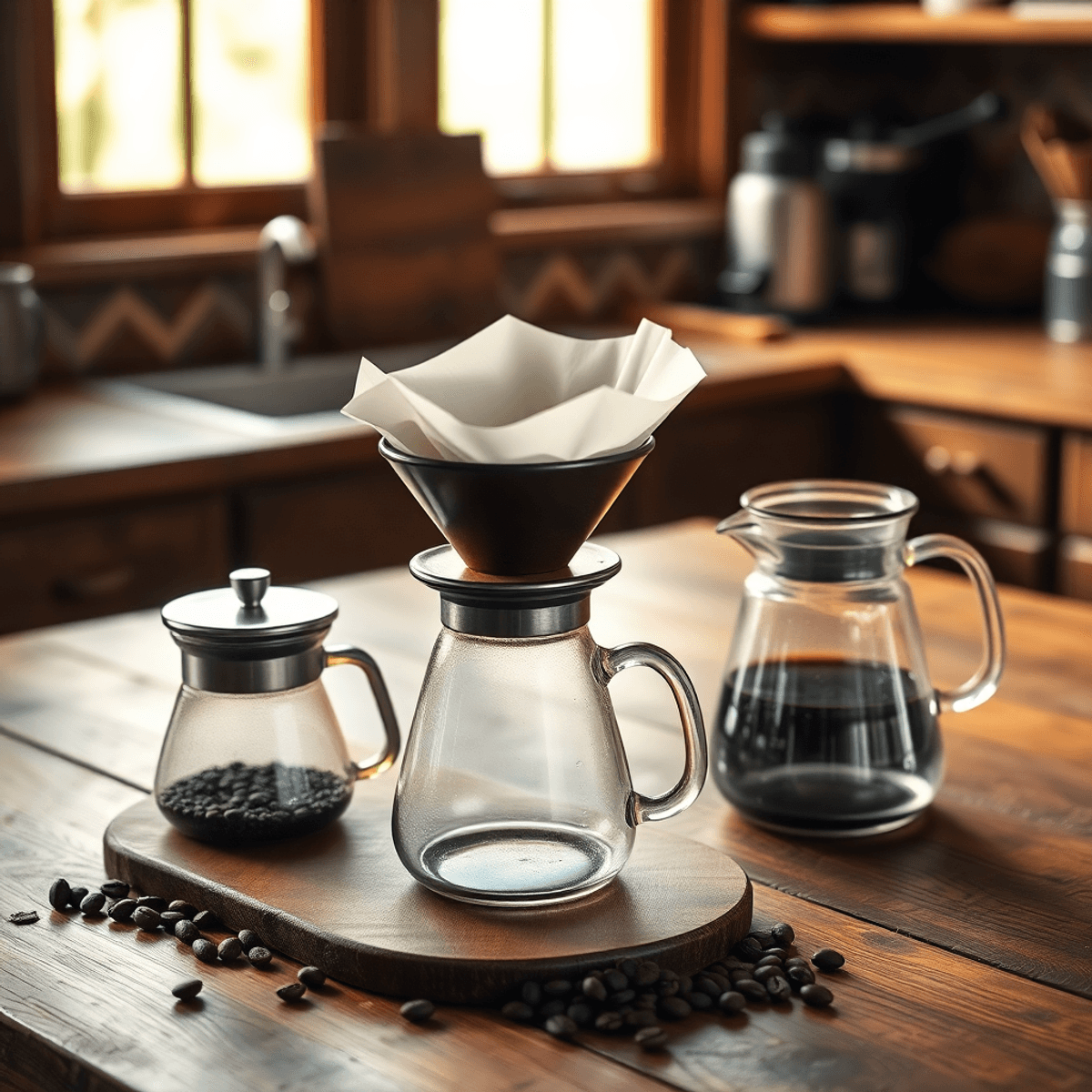 Cozy kitchen with rustic wooden table, manual coffee brewing tools, glass carafe, hand grinder, fresh coffee beans, and warm natural light highligh...