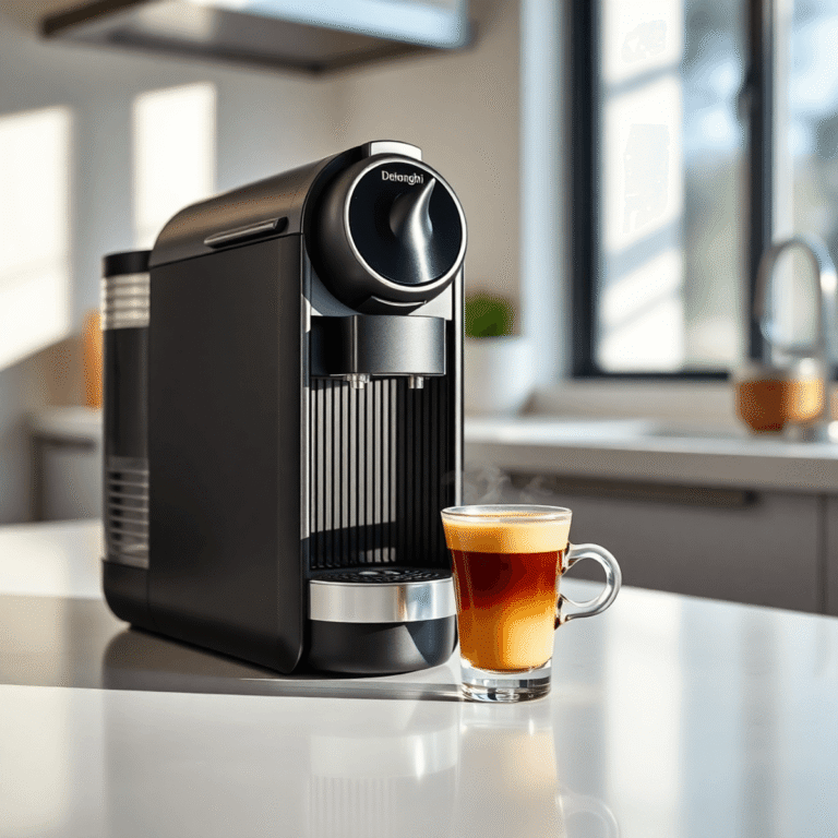 DeLonghi Nespresso VertuoPlus coffee machine on a kitchen counter with a steaming espresso cup, bright natural light highlighting its sleek design ...