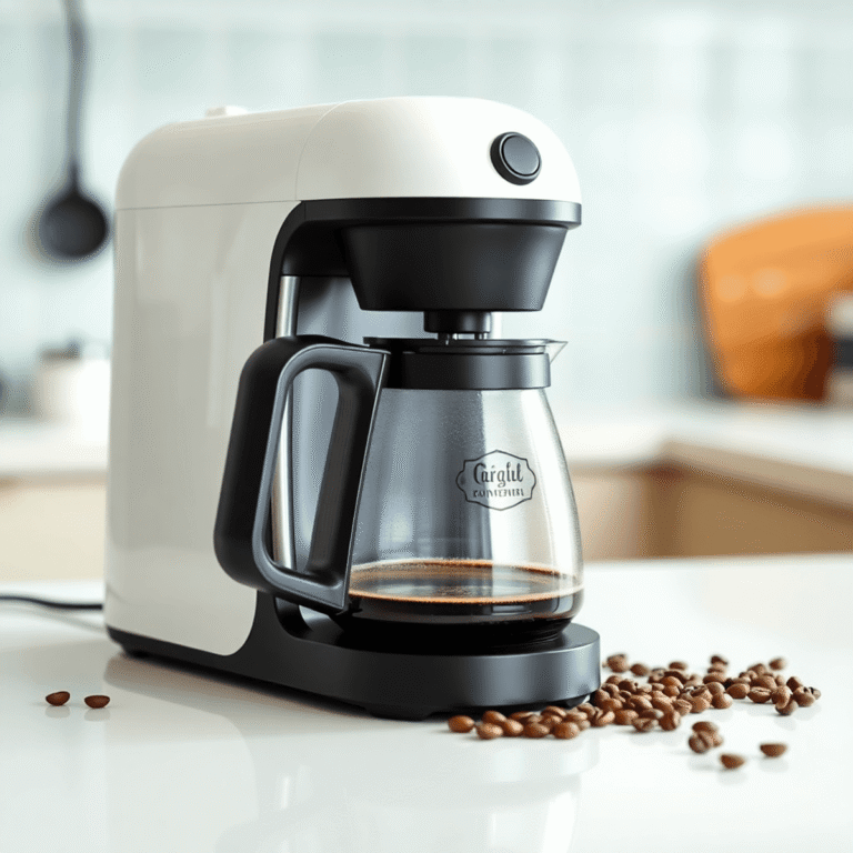 Drip coffee machine brewing fresh coffee with a sparkling glass carafe and scattered coffee beans on a bright kitchen countertop.